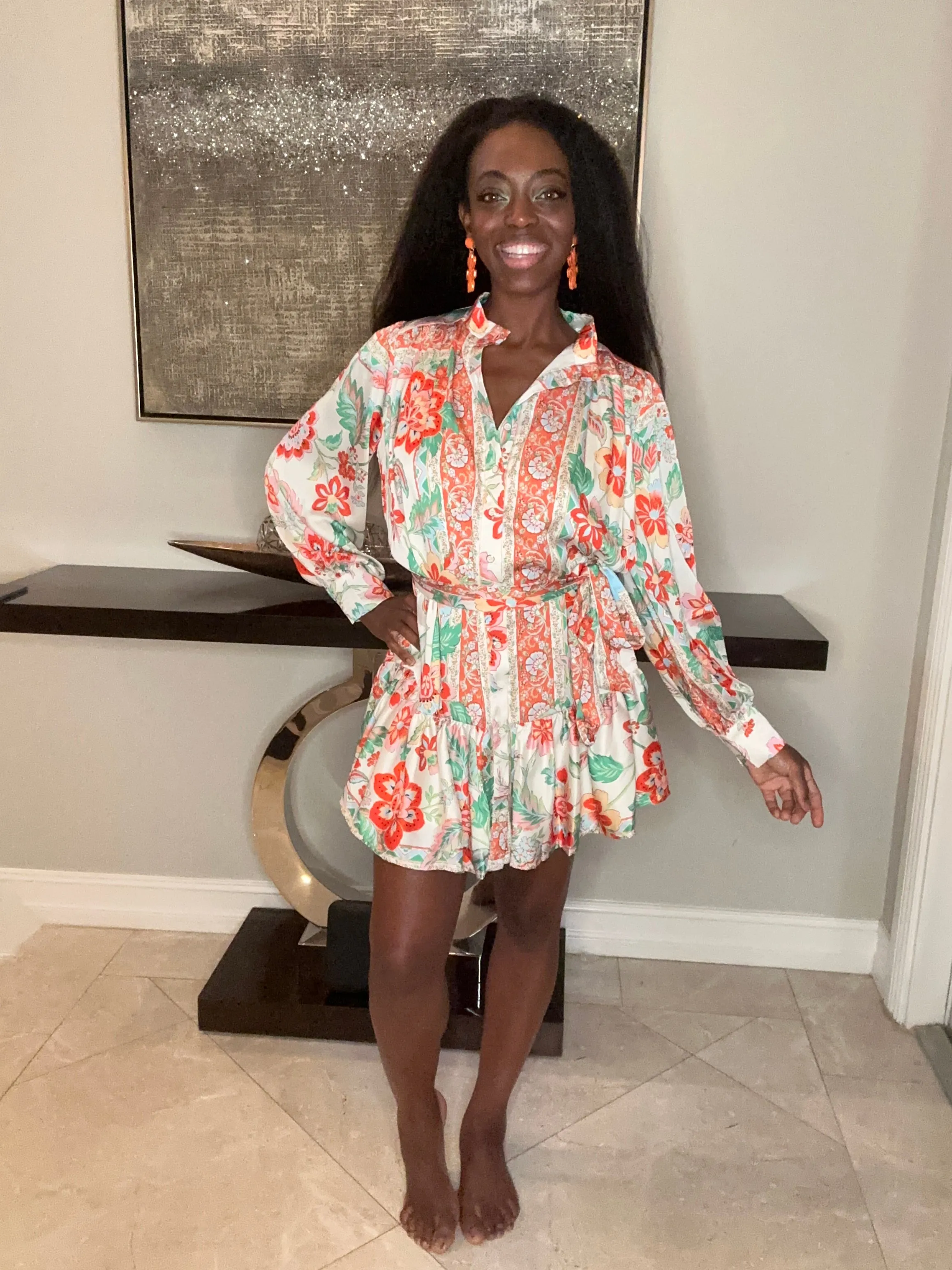 Scarf Print Satin Button Front Dress