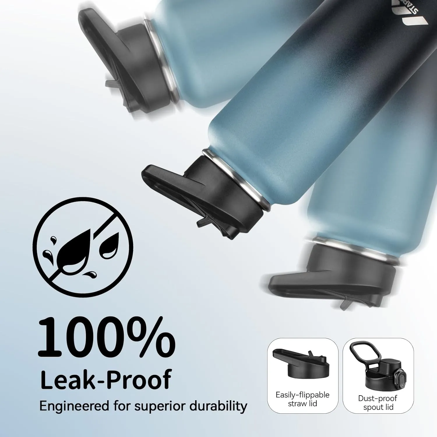 StarSpeed 32oz Insulated Water Bottle with Straws & 2 Lids, Stainless Steel Double Walled Vacuum Water Flask, Wide Mouth Sports Water Bottle for Gym Camping Hiking, Indigo Black