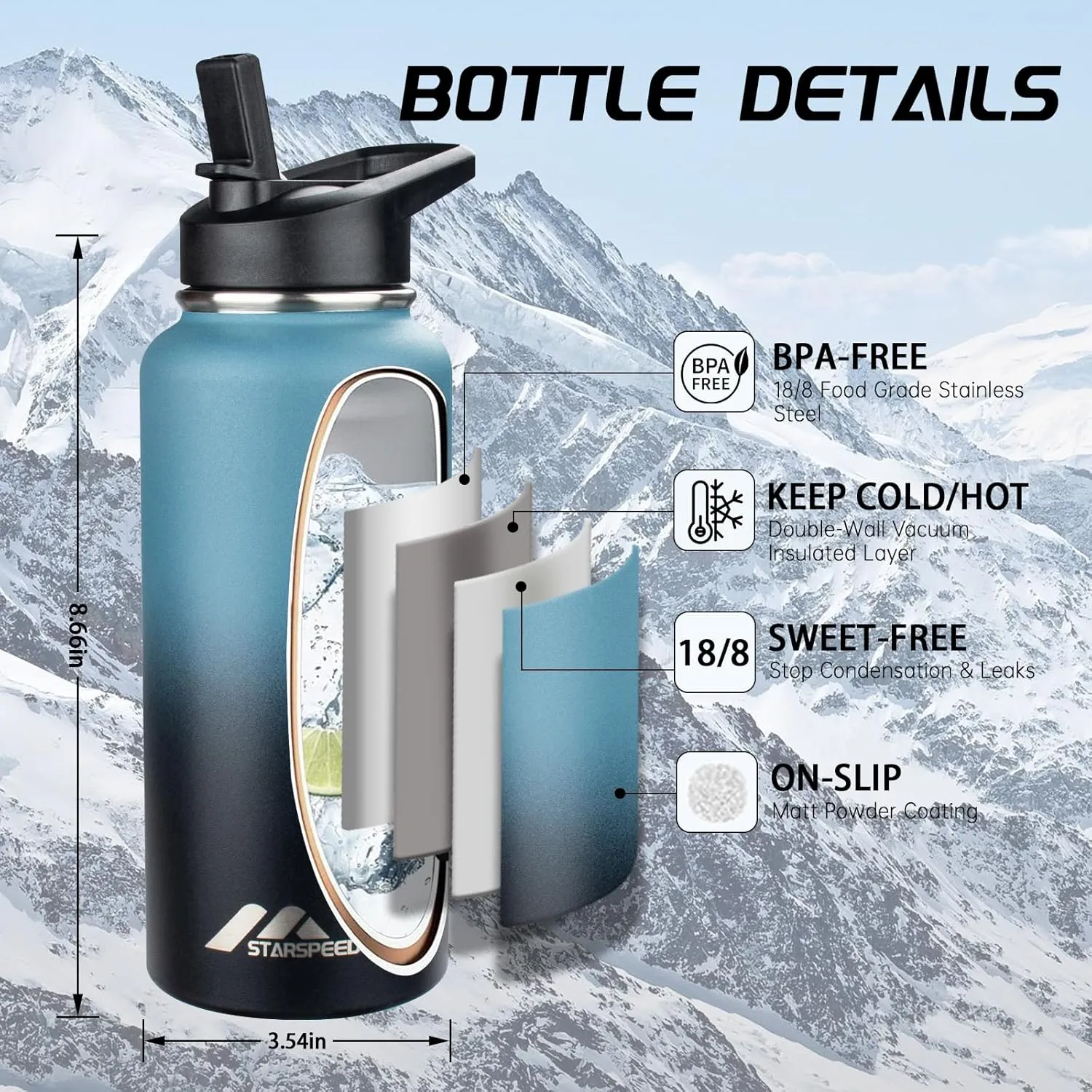 StarSpeed 32oz Insulated Water Bottle with Straws & 2 Lids, Stainless Steel Double Walled Vacuum Water Flask, Wide Mouth Sports Water Bottle for Gym Camping Hiking, Indigo Black