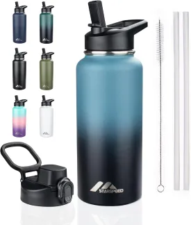 StarSpeed 32oz Insulated Water Bottle with Straws & 2 Lids, Stainless Steel Double Walled Vacuum Water Flask, Wide Mouth Sports Water Bottle for Gym Camping Hiking, Indigo Black