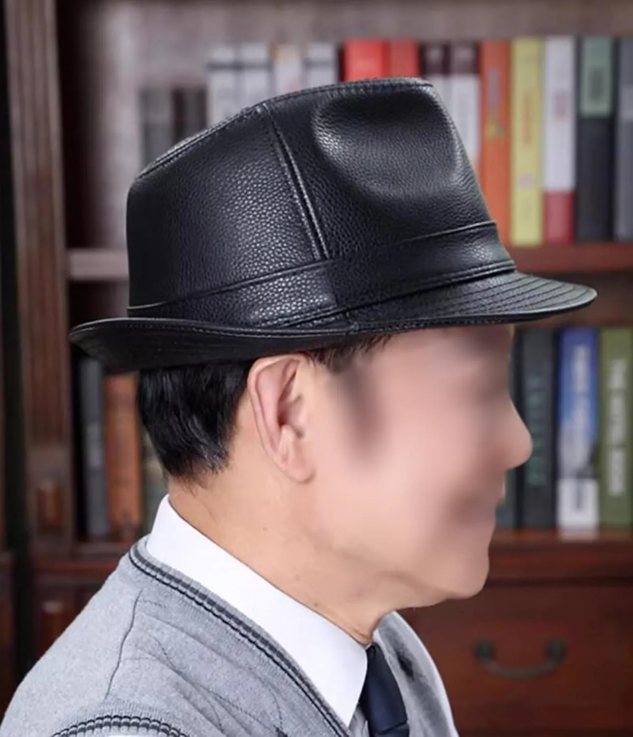Vintage Trilby Hat Mens Leather Fedora Hats Jazz Cap Derby Party Hat