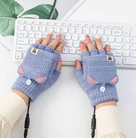 Winter Office USB Heating Warm Half Finger with Cover Gloves Heated Pad, Size: Free Size(Blue)
