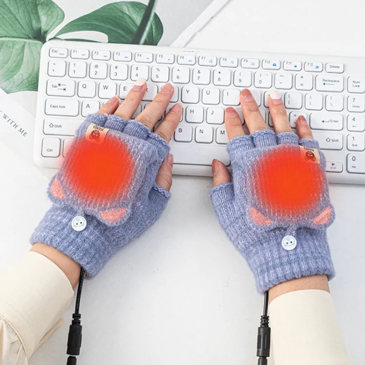 Winter Office USB Heating Warm Half Finger with Cover Gloves Heated Pad, Size: Free Size(Blue)