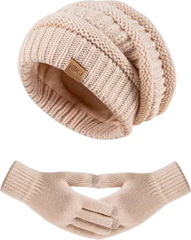 Women's Beanie Hat Gloves Set, Fleece Lined Winter Hat with Touchscreen Gloves for Cold Weather