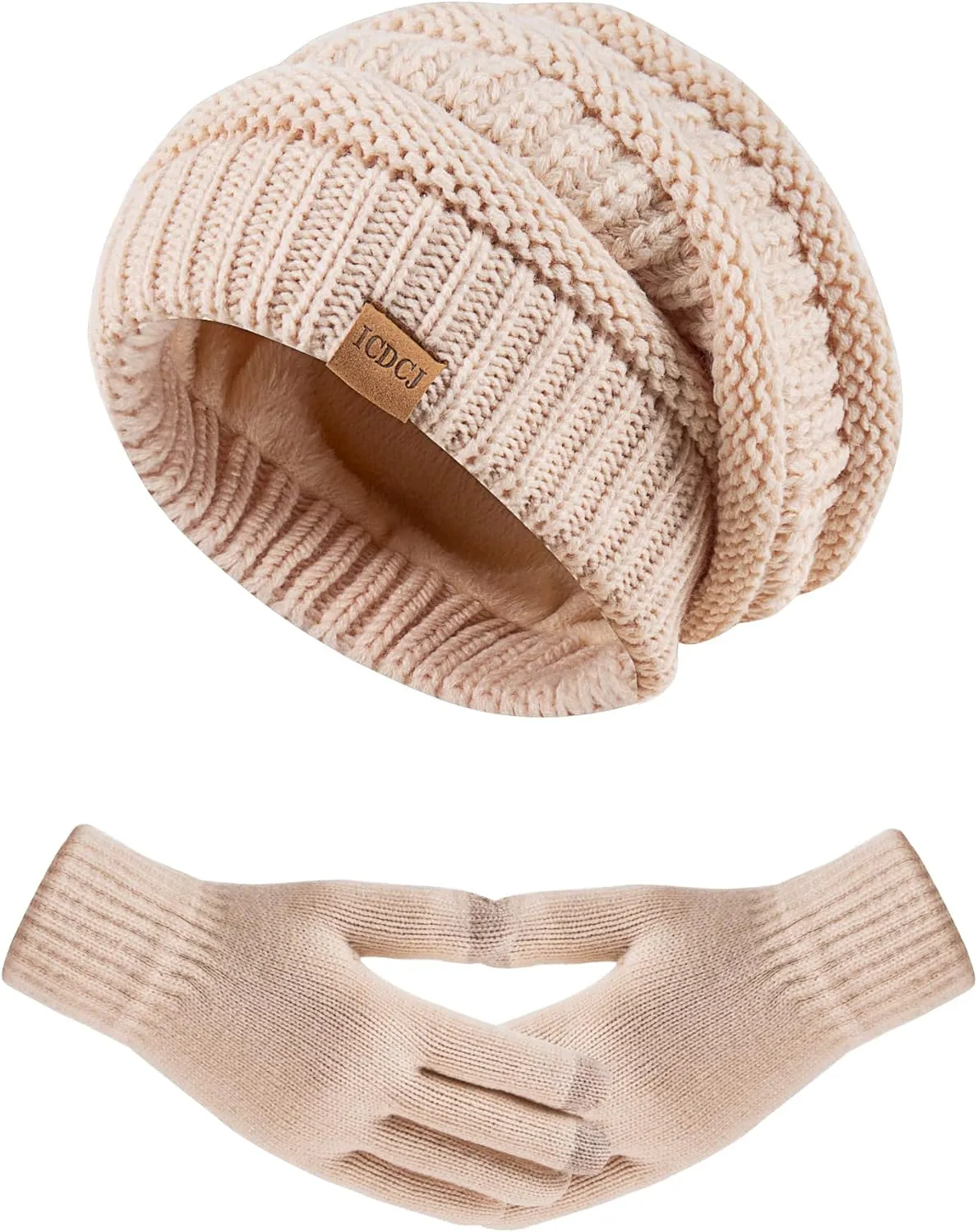 Women's Beanie Hat Gloves Set, Fleece Lined Winter Hat with Touchscreen Gloves for Cold Weather
