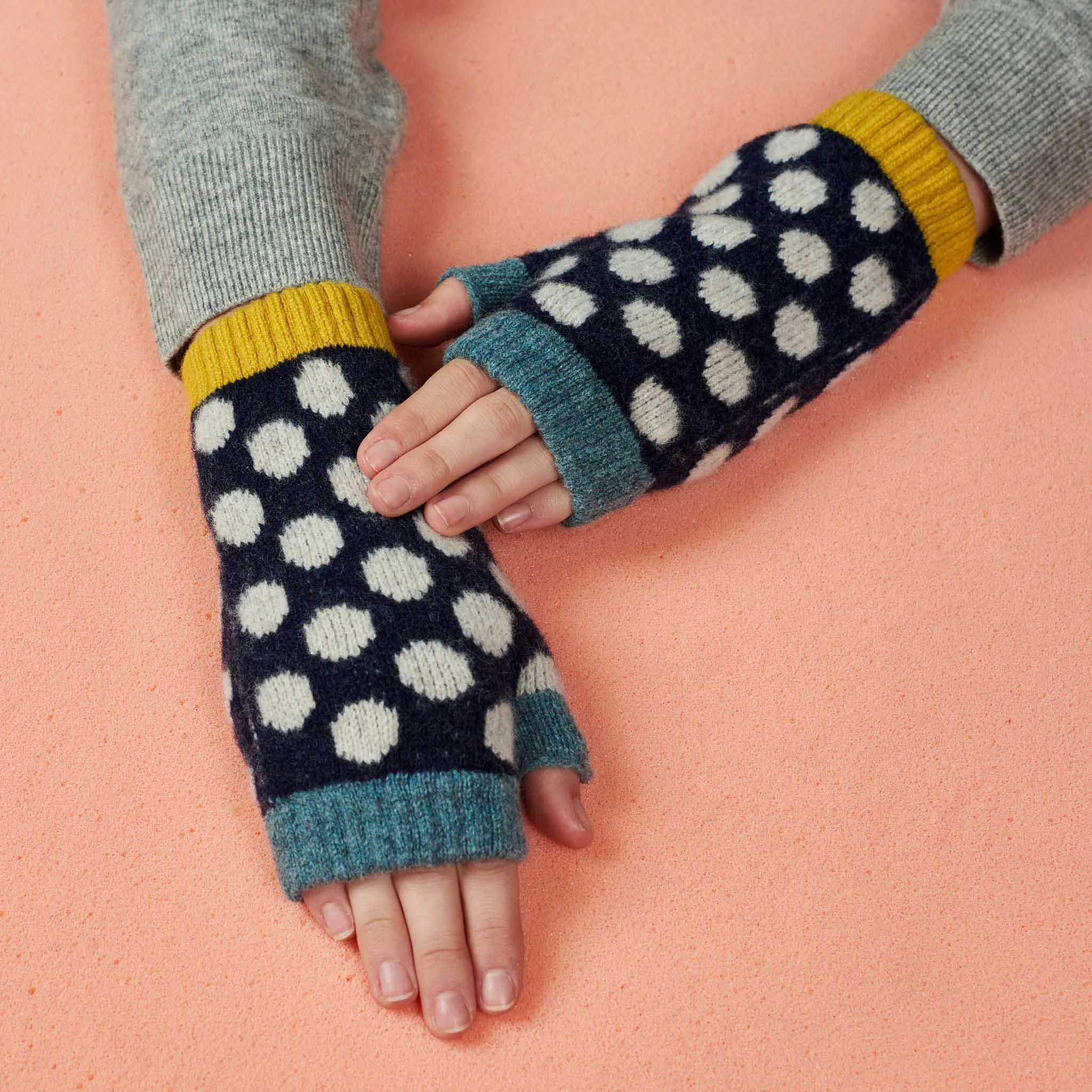 Women's Navy Blue & Oatmeal Spot Lambswool Wrist Warmers