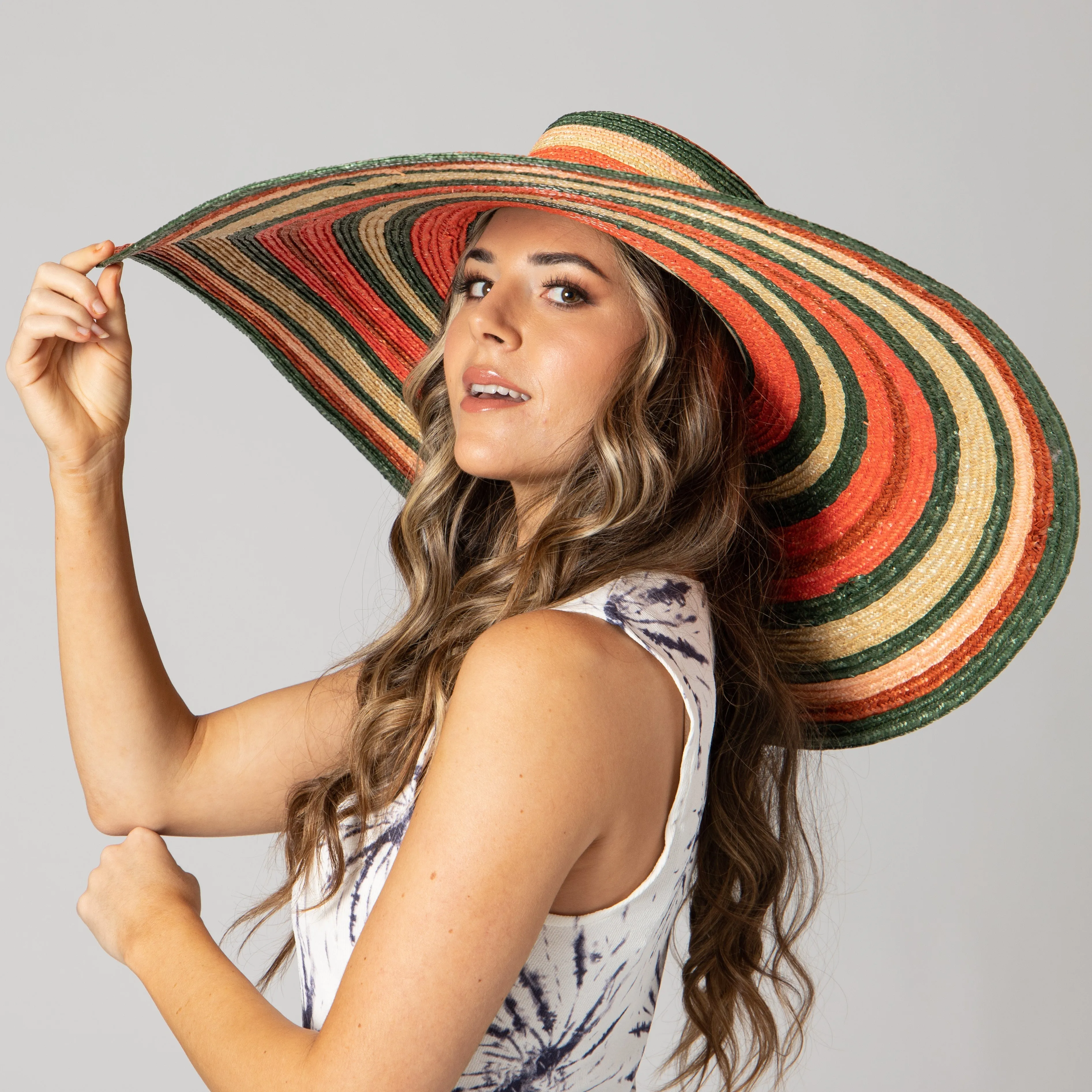 Women's Wheat Straw Stripe Wide Brim Sun Hat