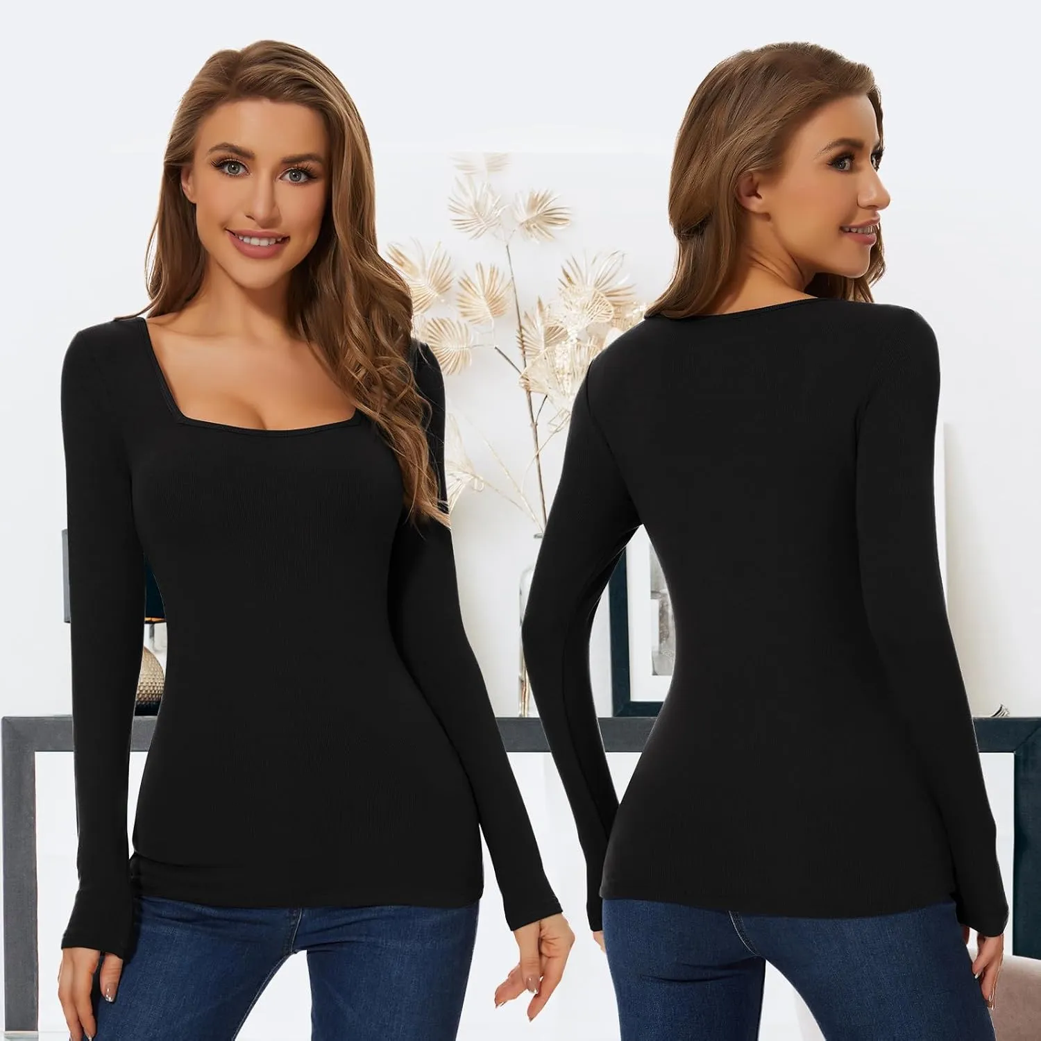 WOWENY Womens Long Sleeve Thermal Shirts Square Neck T Shirts Underwear Tops Basic Fitted Tees