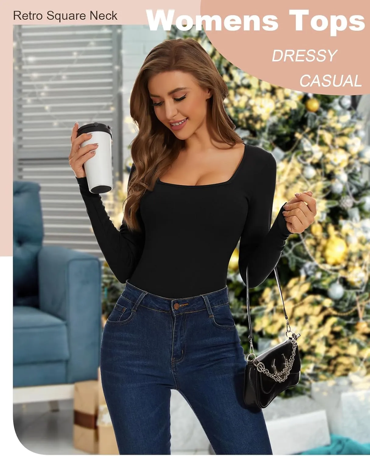 WOWENY Womens Long Sleeve Thermal Shirts Square Neck T Shirts Underwear Tops Basic Fitted Tees