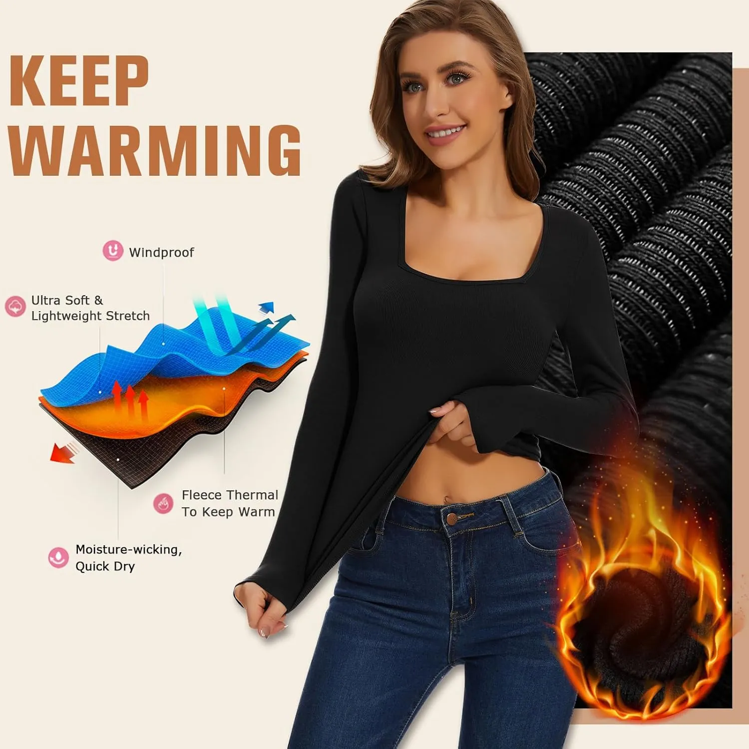 WOWENY Womens Long Sleeve Thermal Shirts Square Neck T Shirts Underwear Tops Basic Fitted Tees